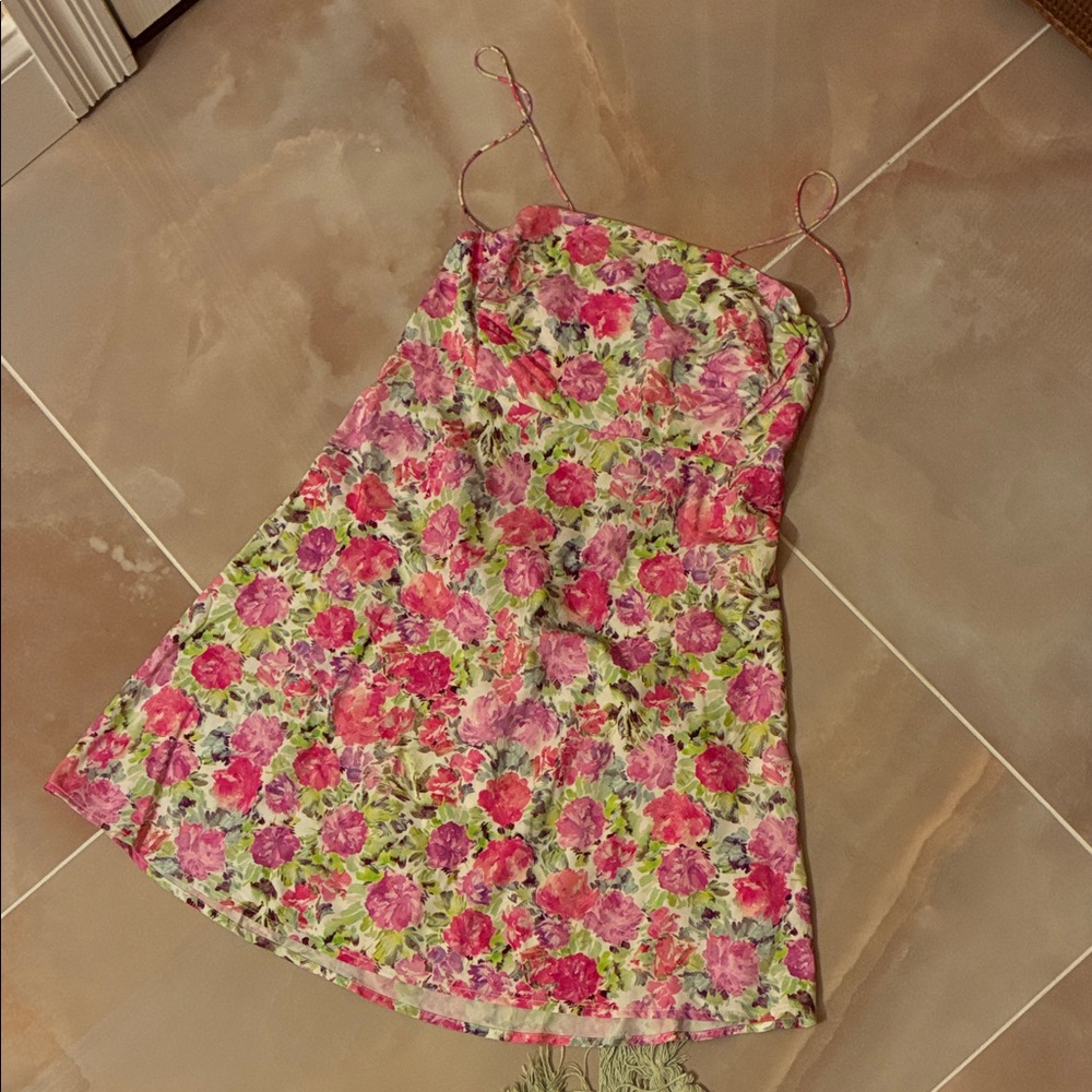 For Love & Lemons Pink Floral Spaghetti-Strap Mini Dress